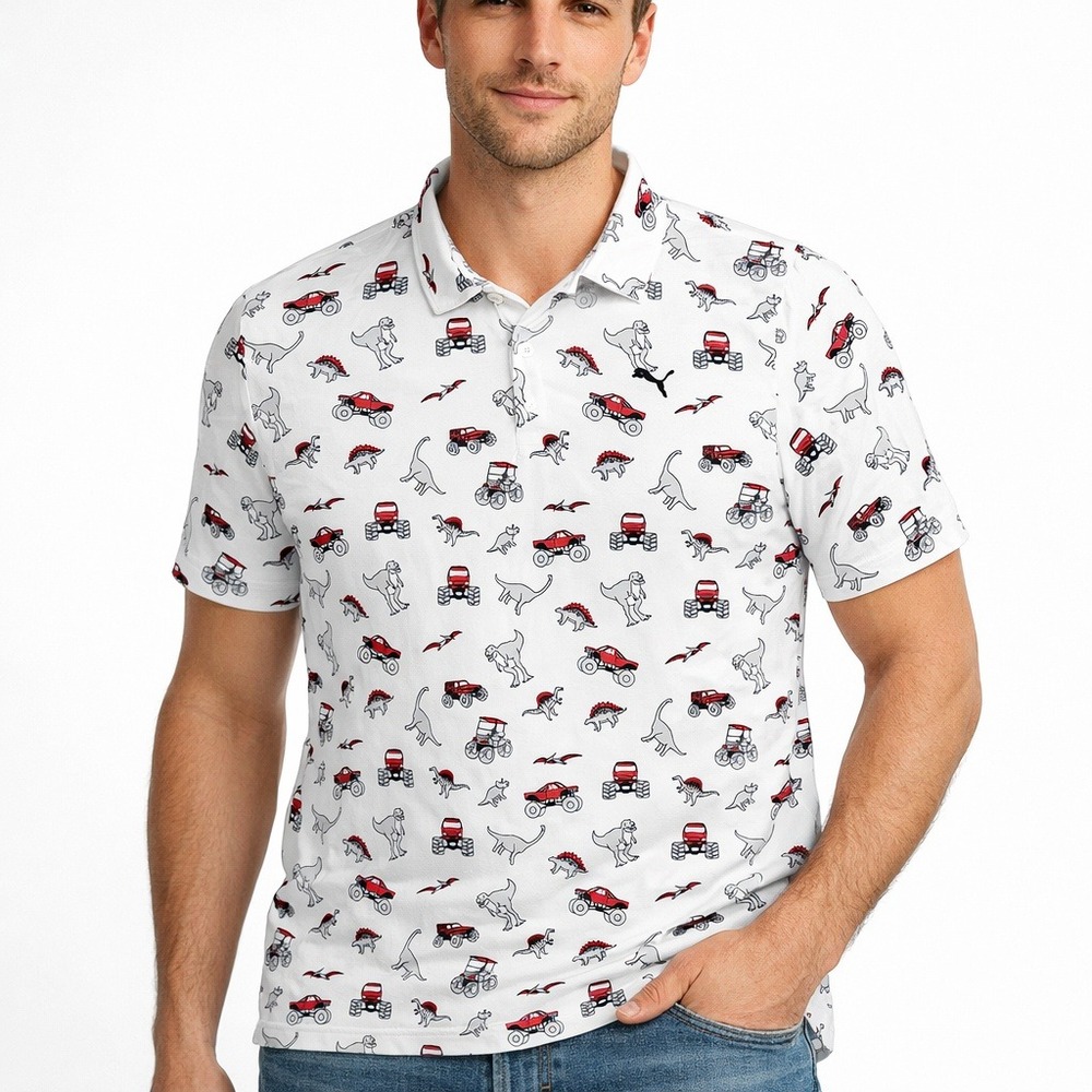 Puma Cloudspun Dino-Mite Golf Polo Shirt Men's 3XL White ATV Dinosaur UPF40